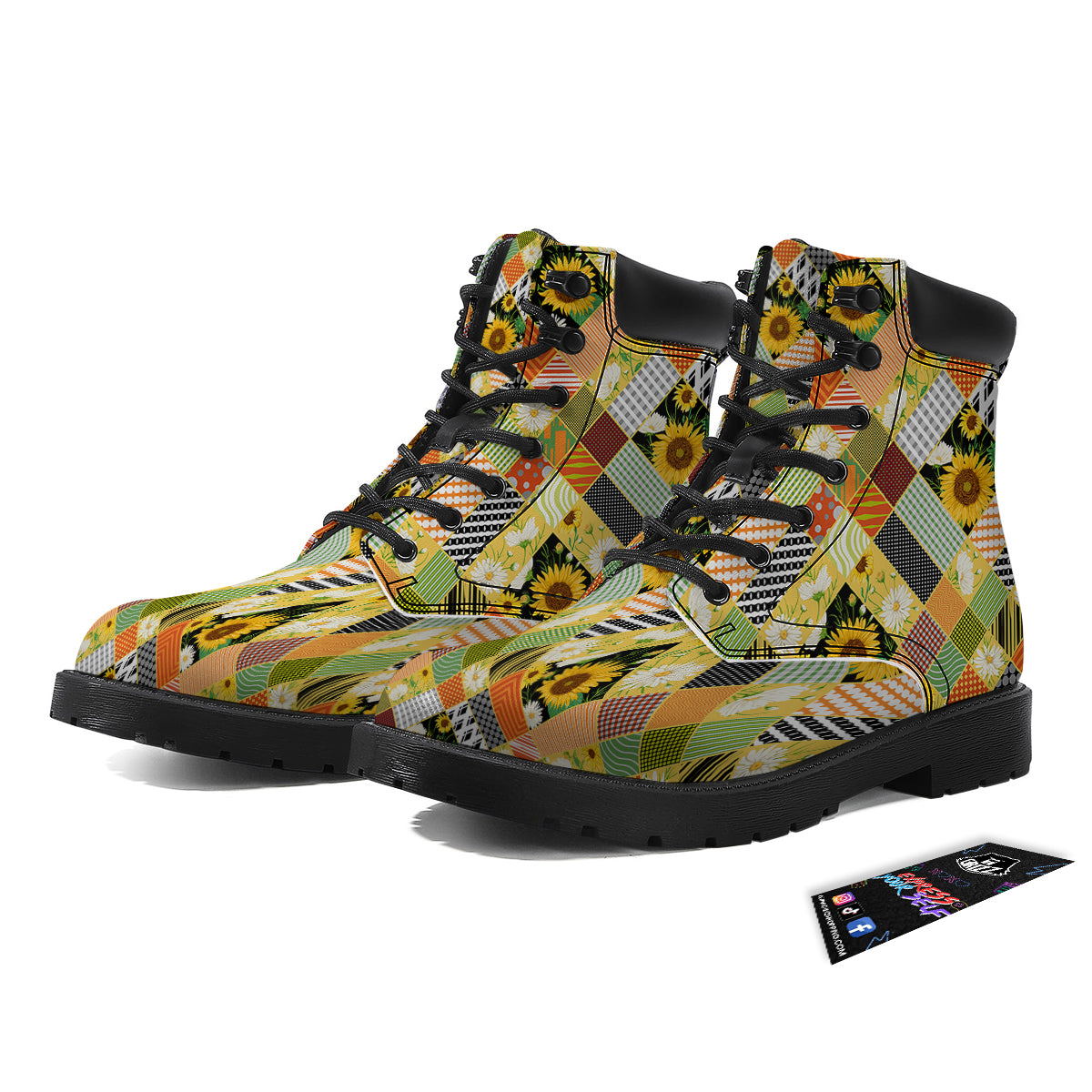 Patchwork Sunflowers Print Boots-grizzshop