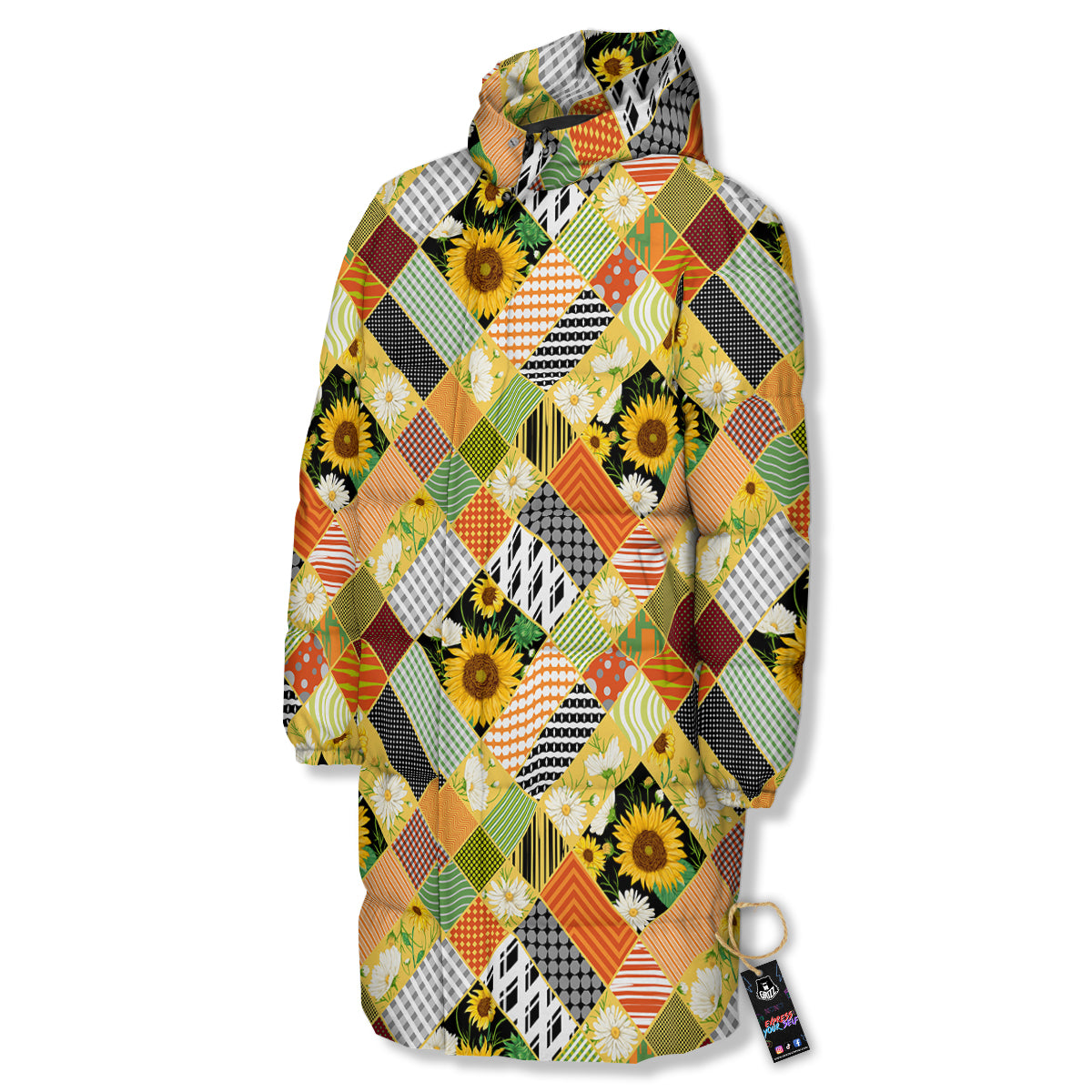 Patchwork Sunflowers Print Long Down Jacket-grizzshop