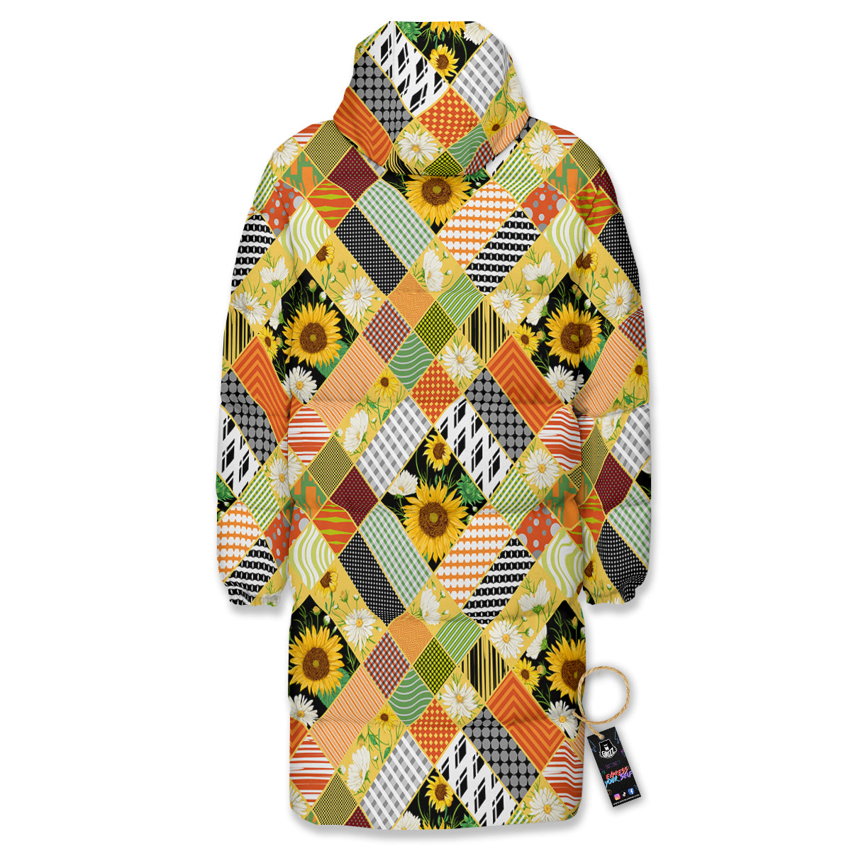 Patchwork Sunflowers Print Long Down Jacket-grizzshop