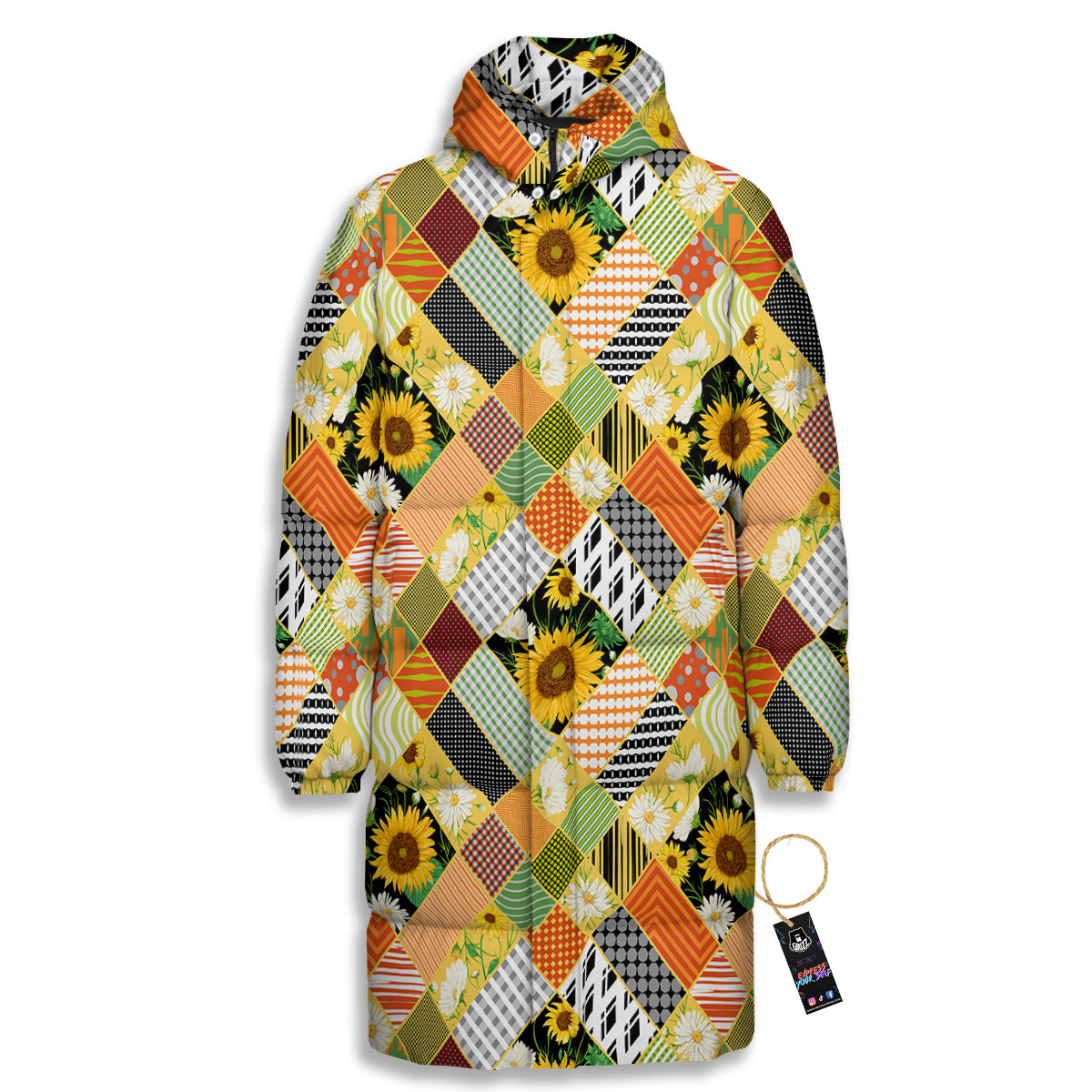 Patchwork Sunflowers Print Long Down Jacket-grizzshop