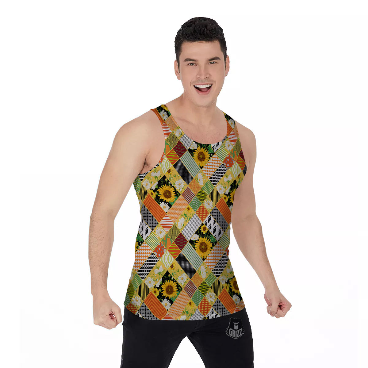 Patchwork Sunflowers Print Men's Tank Top-grizzshop