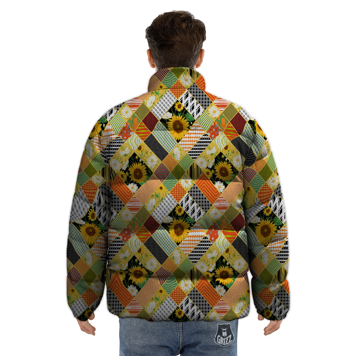 Patchwork Sunflowers Print Puffer Jacket-grizzshop
