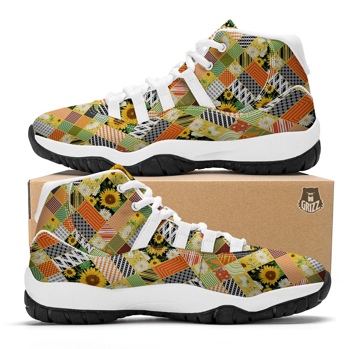 Patchwork Sunflowers Print White Bball Shoes-grizzshop
