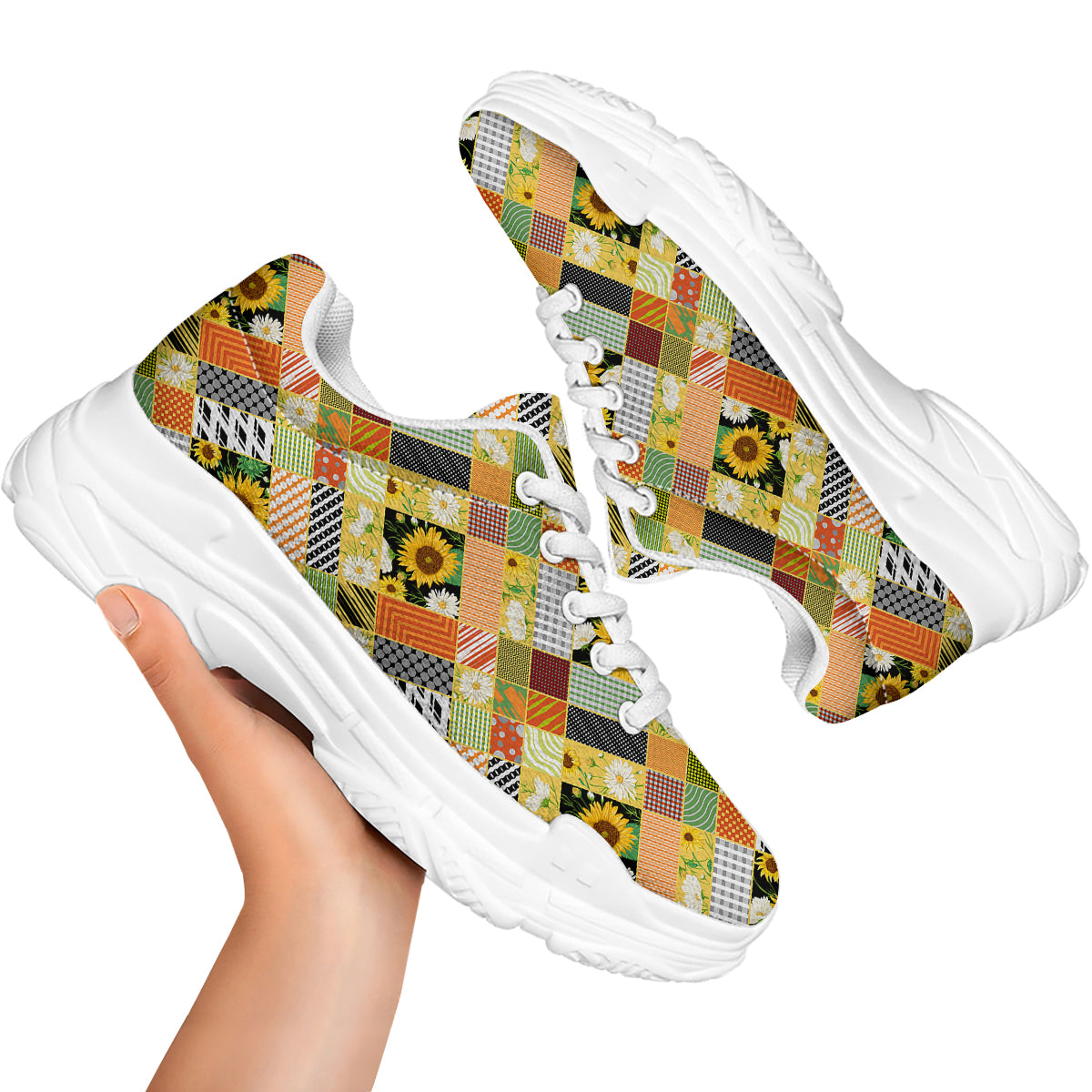 Patchwork Sunflowers Print White Chunky Shoes-grizzshop