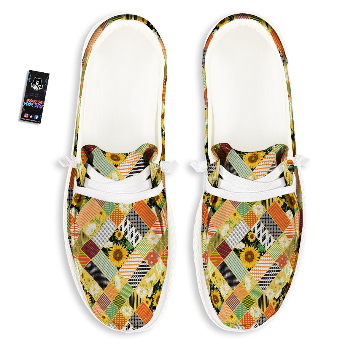 Patchwork Sunflowers Print White Loafers-grizzshop