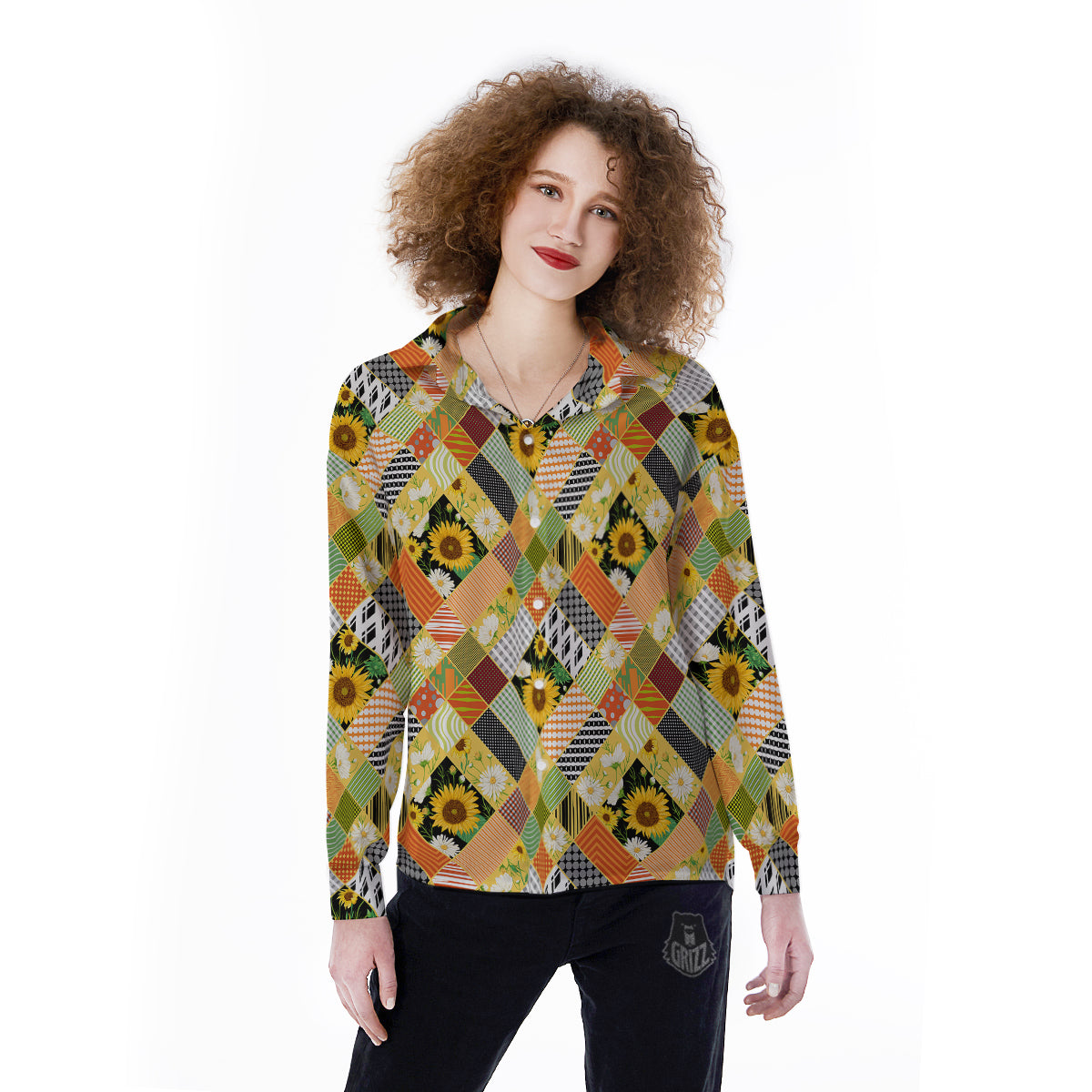 Patchwork Sunflowers Print Women's Long Sleeve Shirts-grizzshop