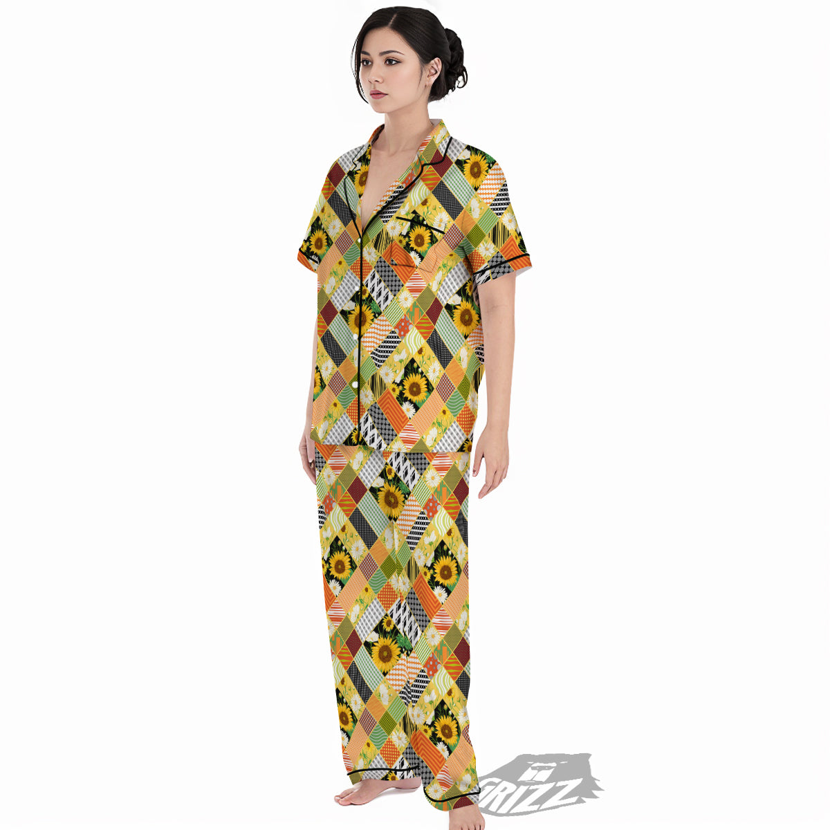 Patchwork Sunflowers Print Women's Pajamas Set-grizzshop