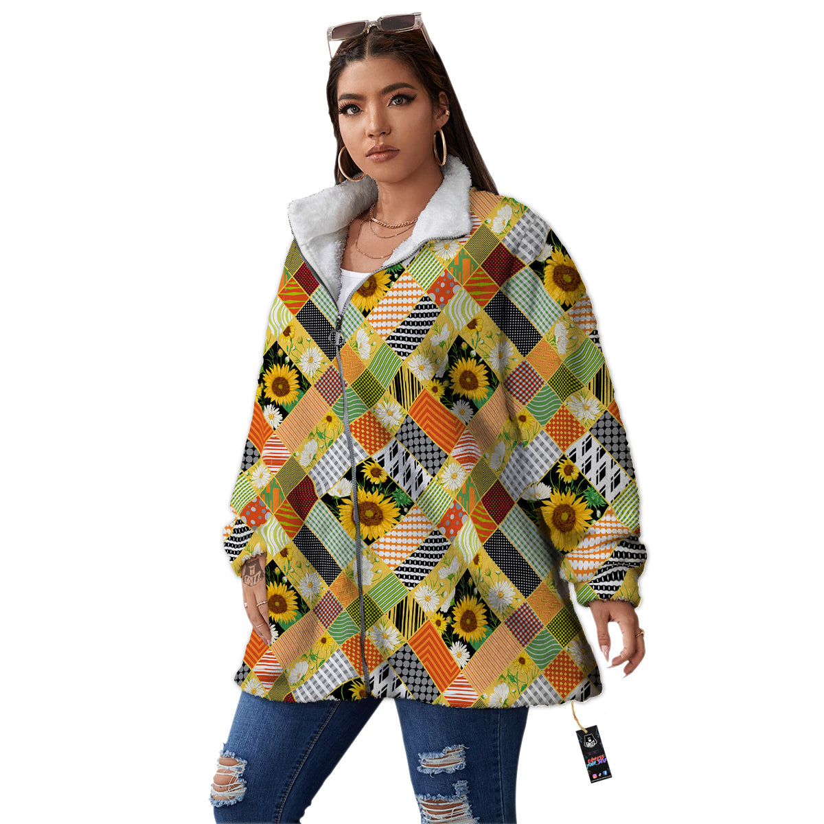 Patchwork Sunflowers Print Women's Sherpa Jacket-grizzshop