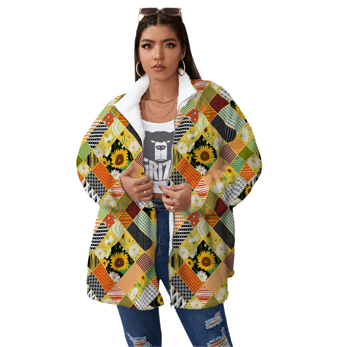 Patchwork Sunflowers Print Women's Sherpa Jacket-grizzshop