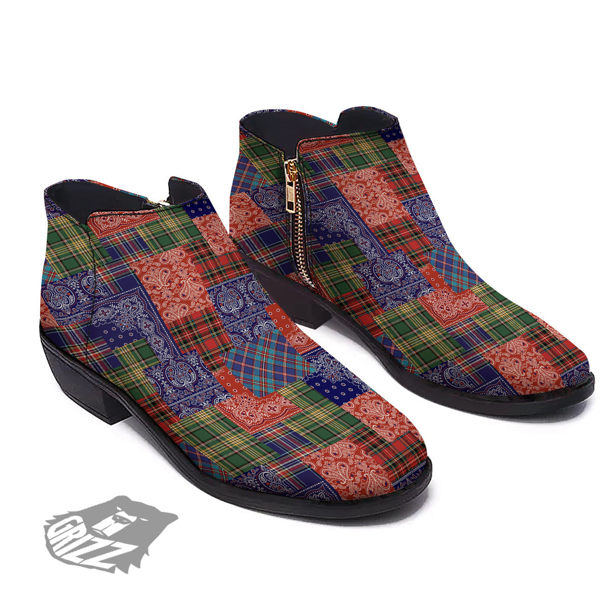 Patchwork Tartan And Bandana Print Pattern Ankle Boots-grizzshop