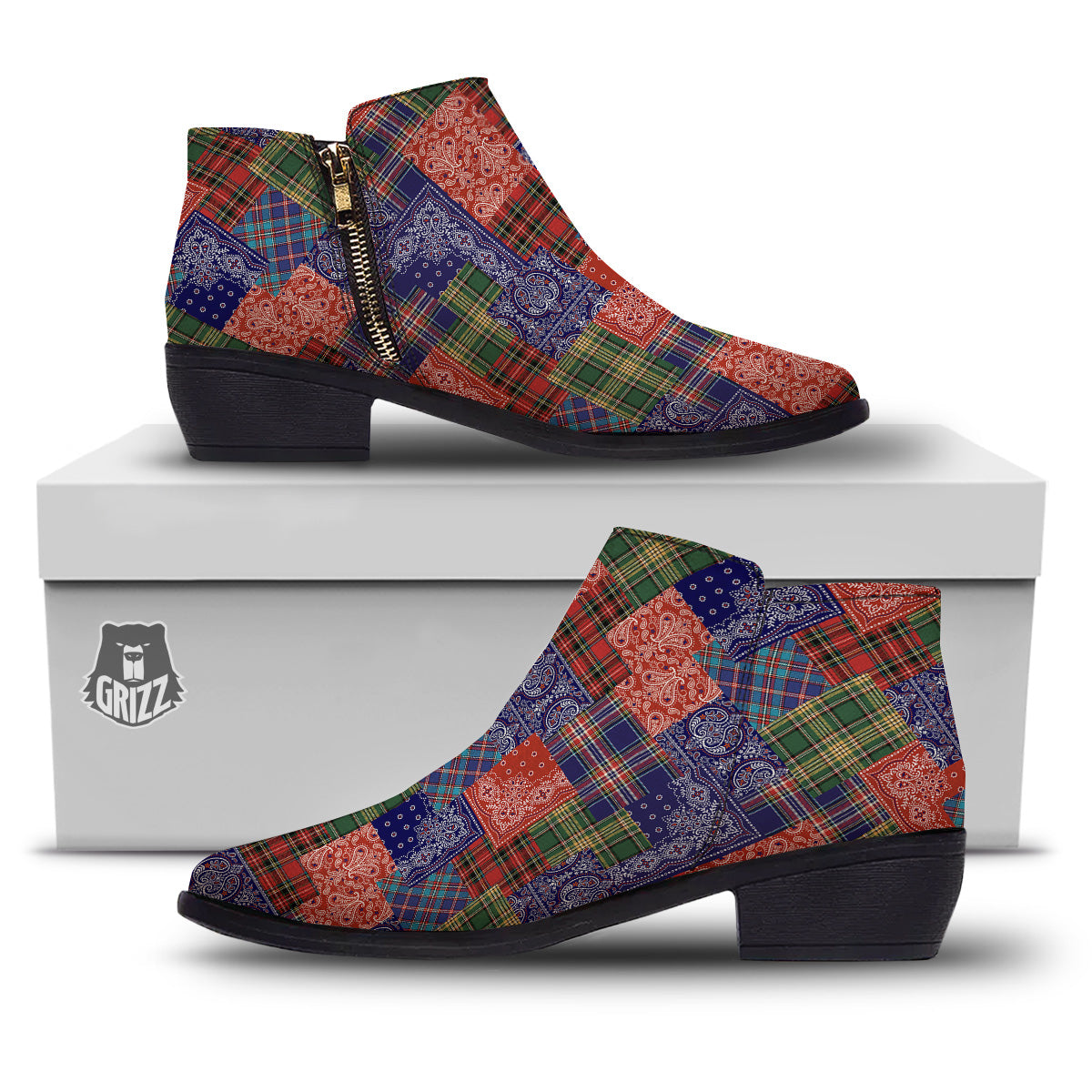 Patchwork Tartan And Bandana Print Pattern Ankle Boots-grizzshop