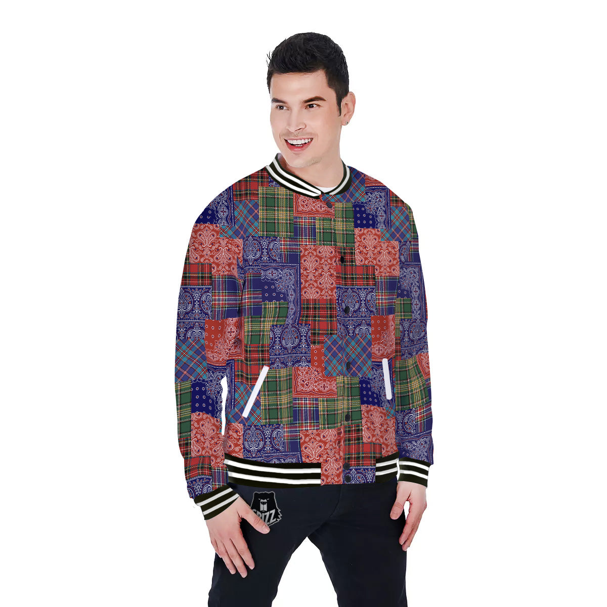 Patchwork Tartan And Bandana Print Pattern Baseball Jacket-grizzshop