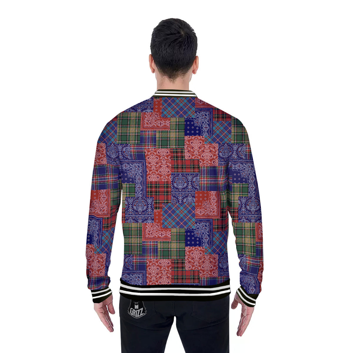 Patchwork Tartan And Bandana Print Pattern Baseball Jacket-grizzshop