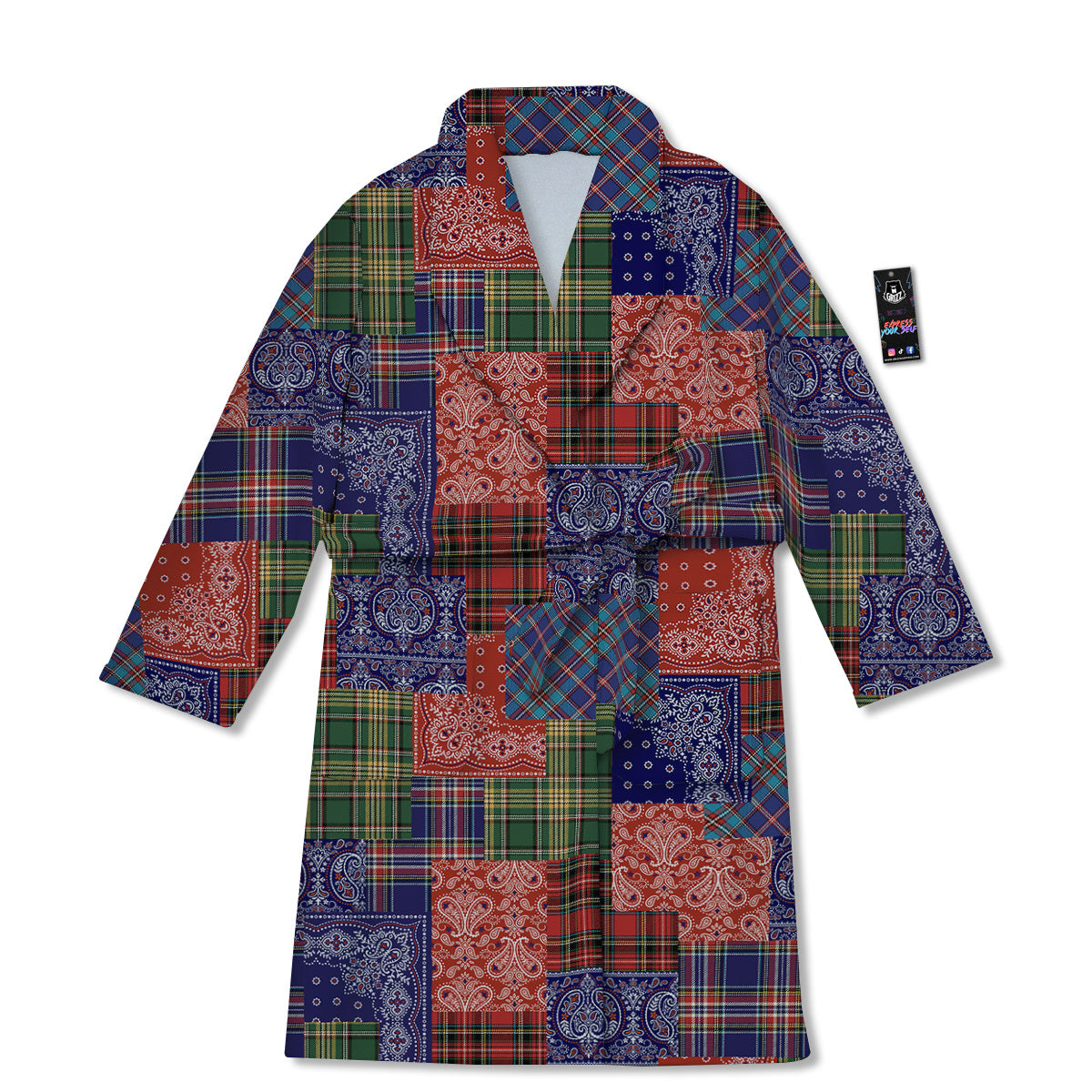 Patchwork Tartan And Bandana Print Pattern Bathrobe-grizzshop