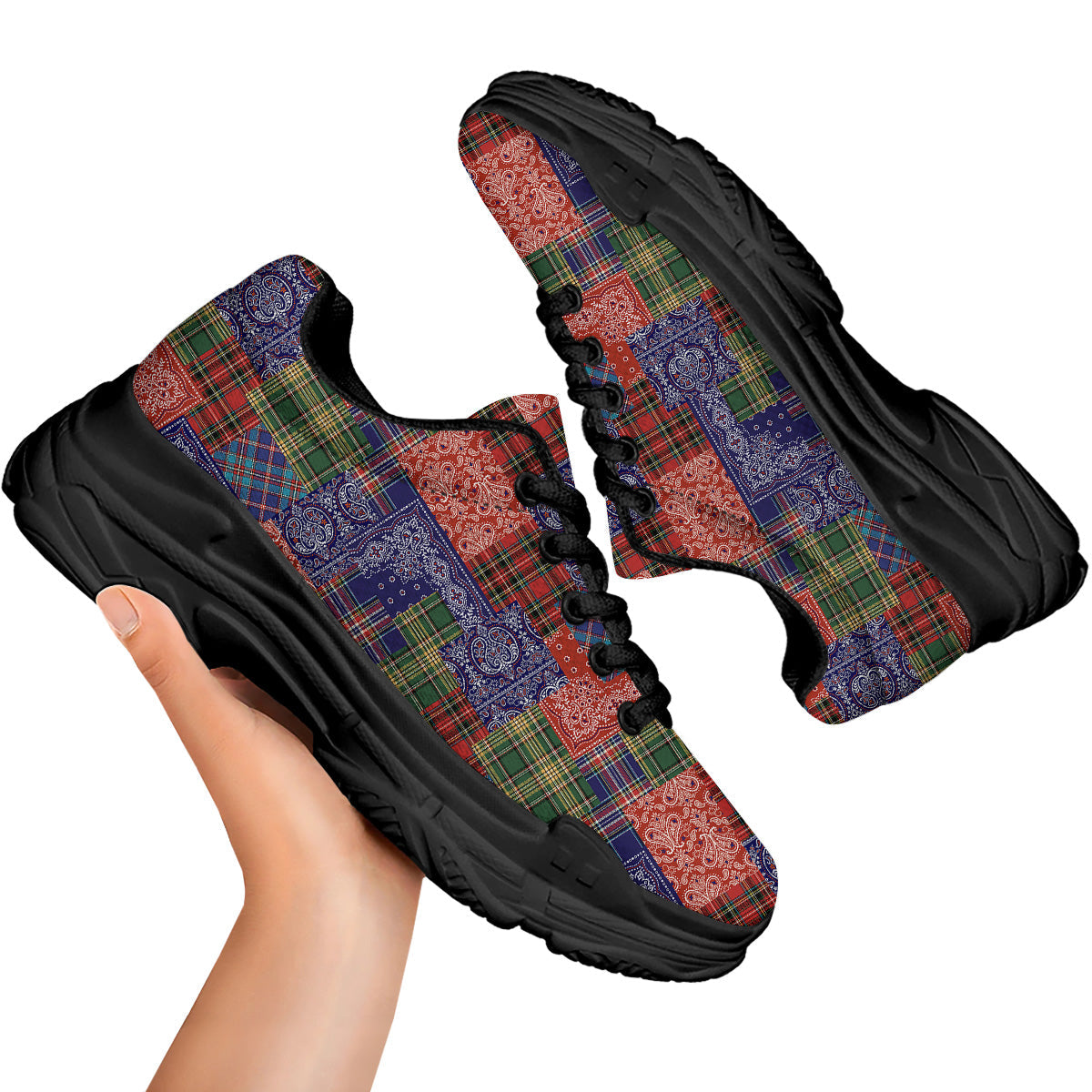 Patchwork Tartan And Bandana Print Pattern Black Chunky Shoes-grizzshop
