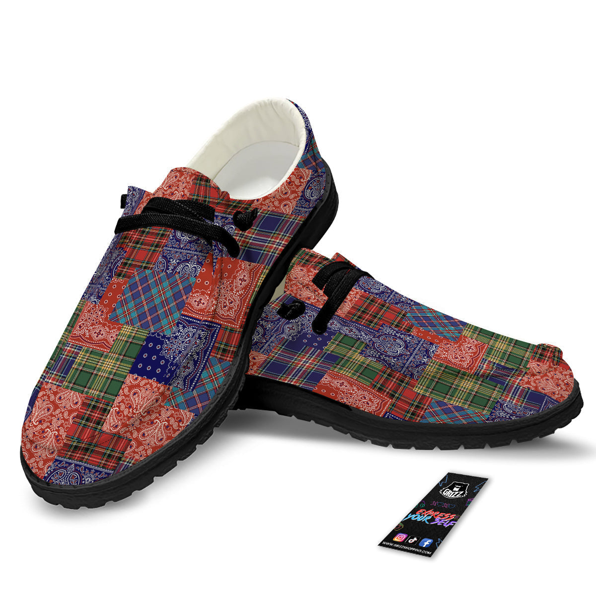 Patchwork Tartan And Bandana Print Pattern Black Loafers-grizzshop