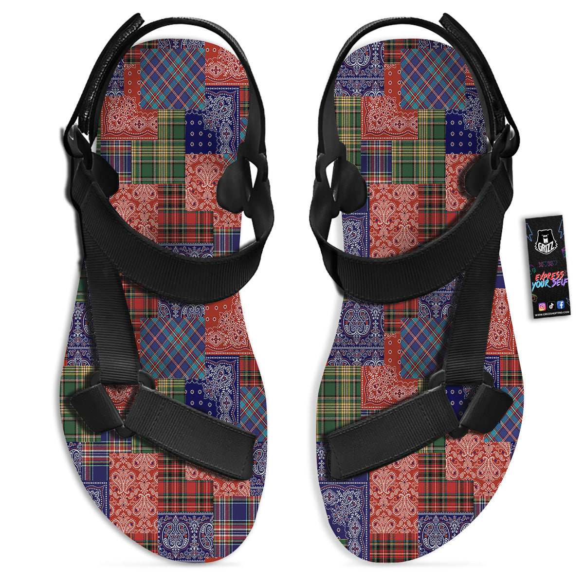 Patchwork Tartan And Bandana Print Pattern Black Open Toe Sandals-grizzshop