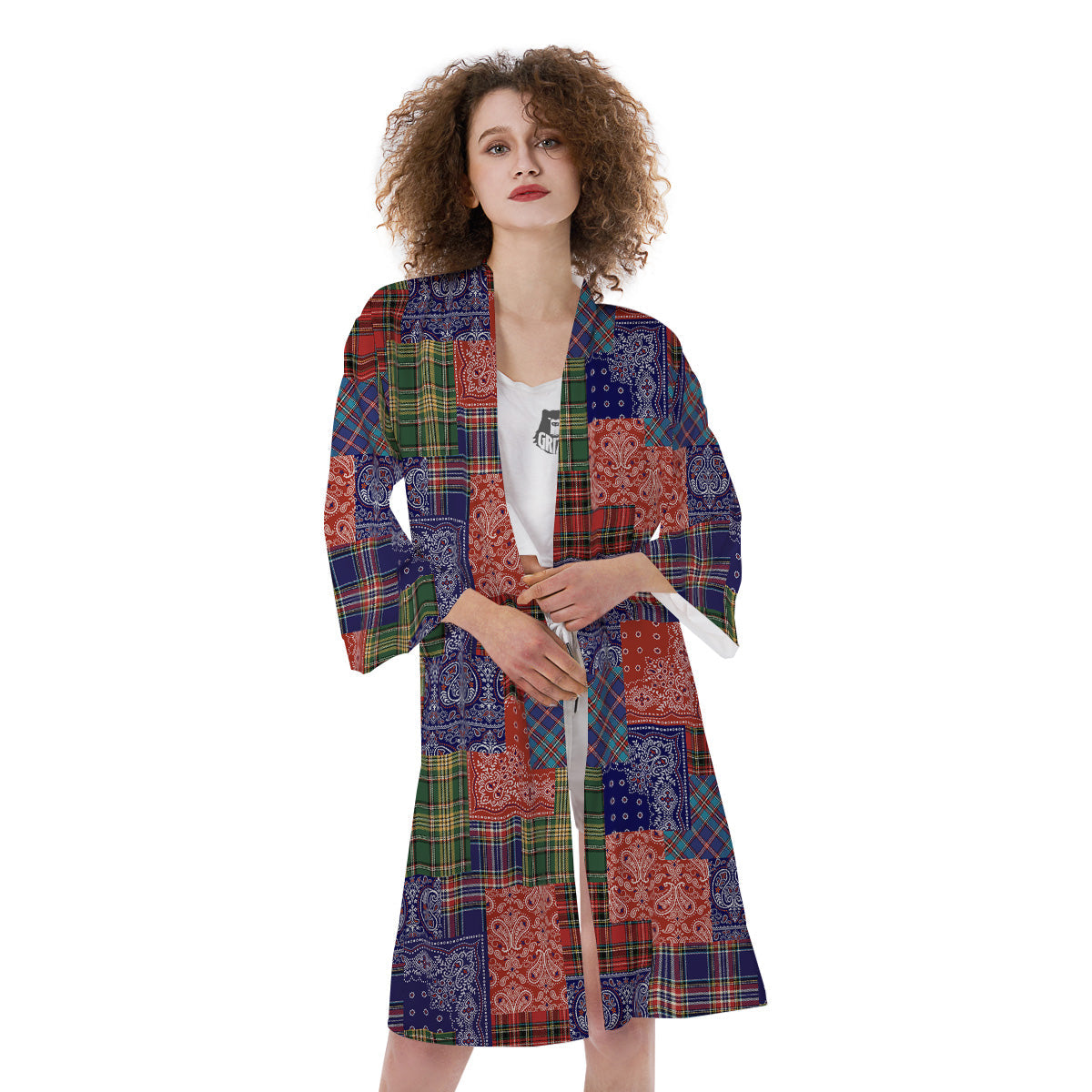 Patchwork Tartan And Bandana Print Pattern Kimono-grizzshop