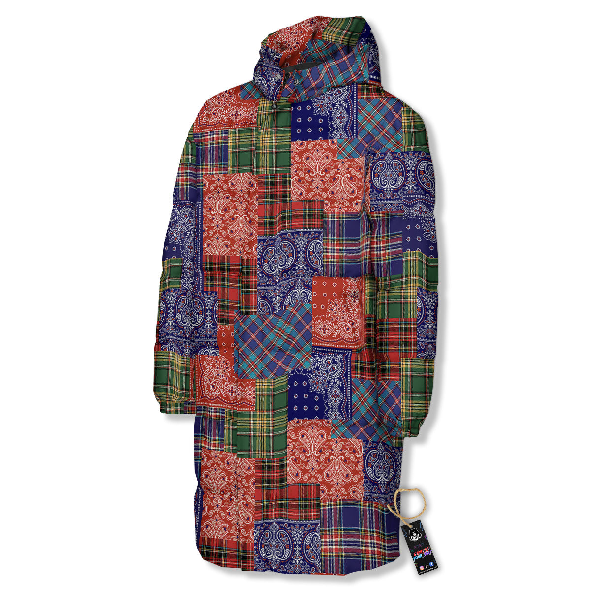 Patchwork Tartan And Bandana Print Pattern Long Down Jacket-grizzshop