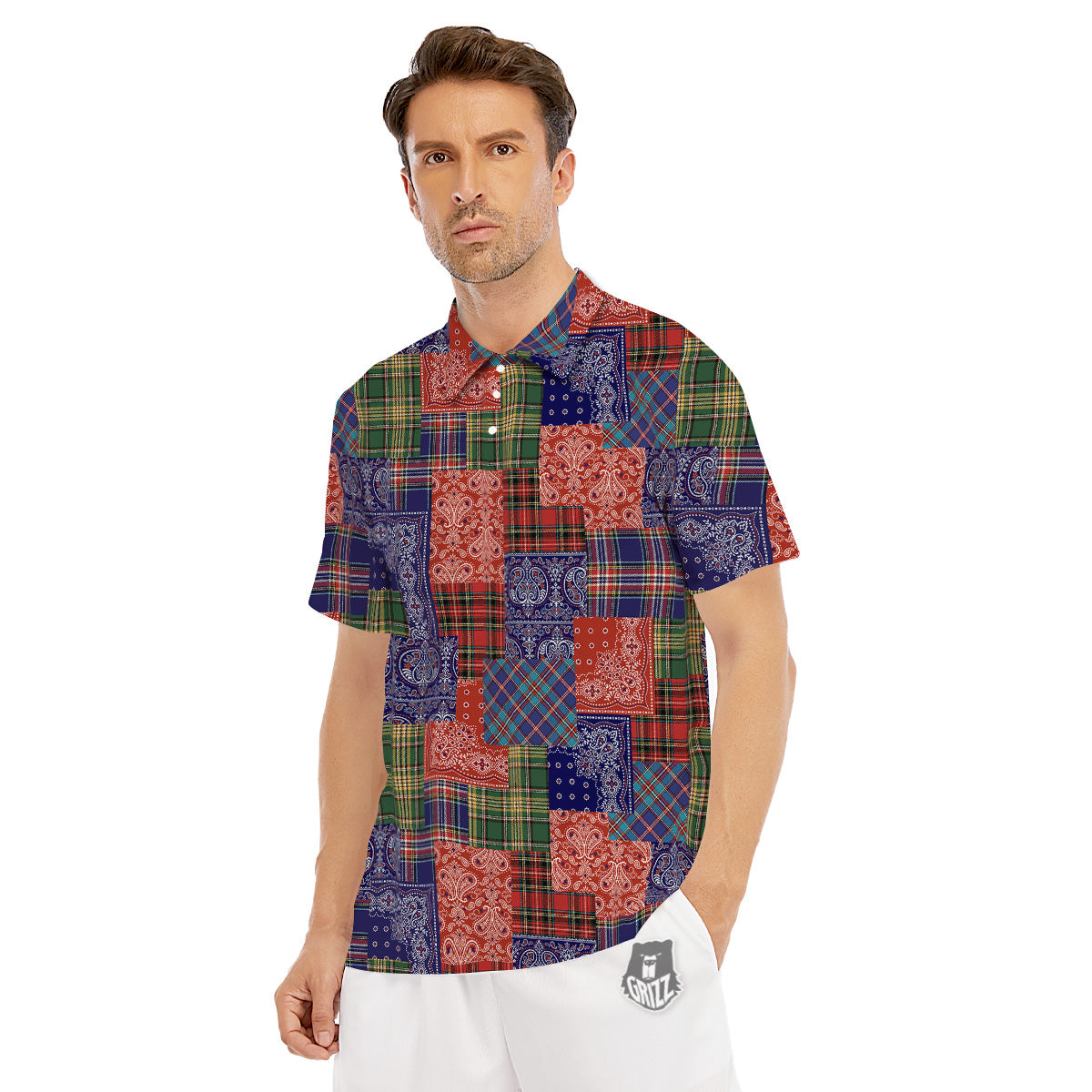 Patchwork Tartan And Bandana Print Pattern Men's Golf Shirts-grizzshop