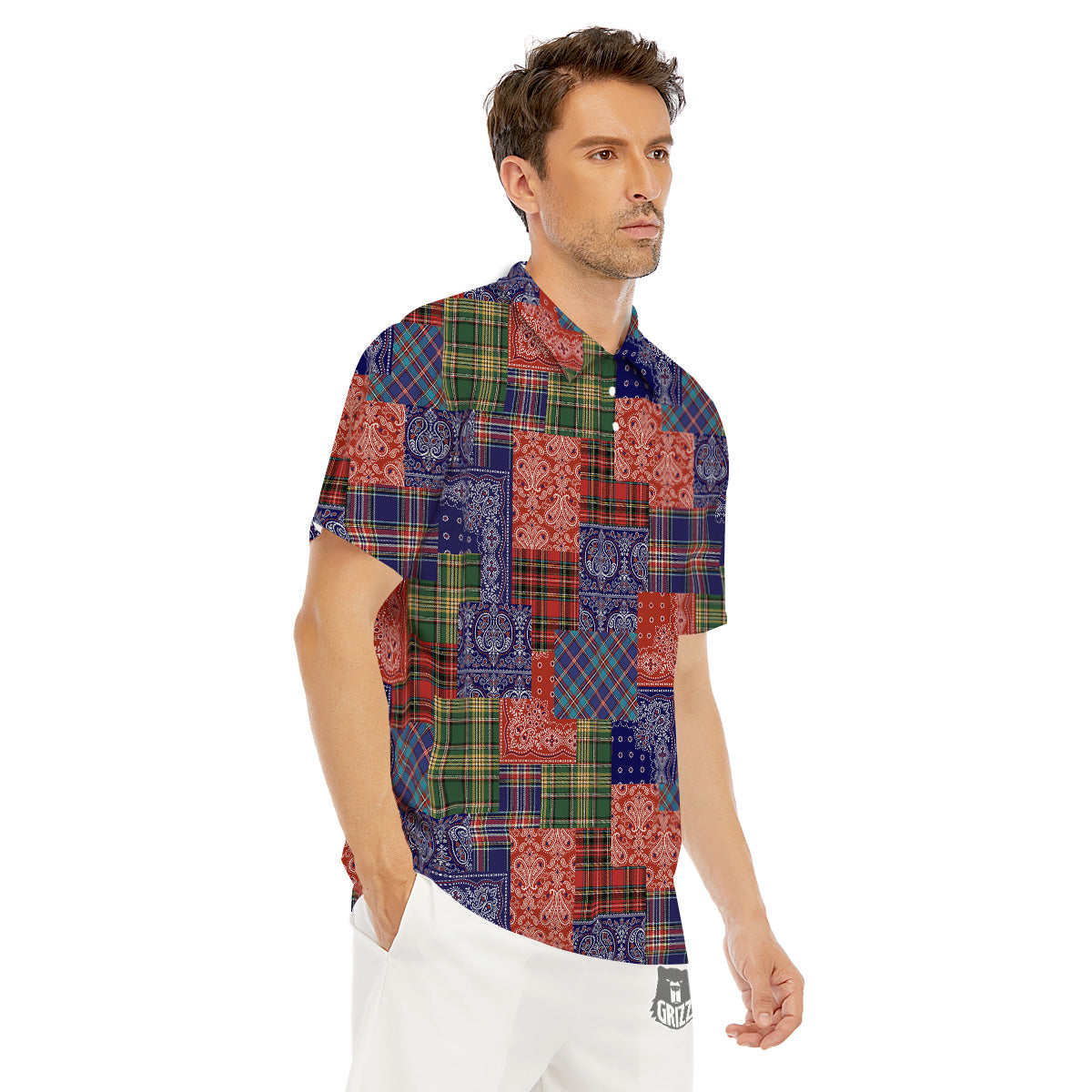 Patchwork Tartan And Bandana Print Pattern Men's Golf Shirts-grizzshop