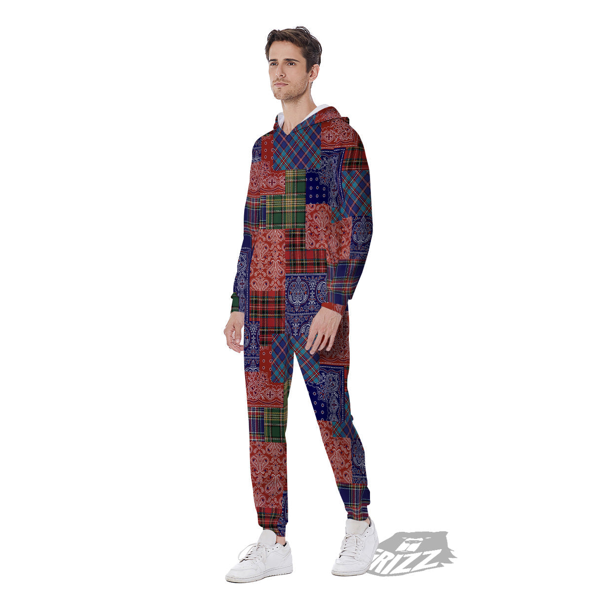 Patchwork Tartan And Bandana Print Pattern Men's Jumpsuit-grizzshop