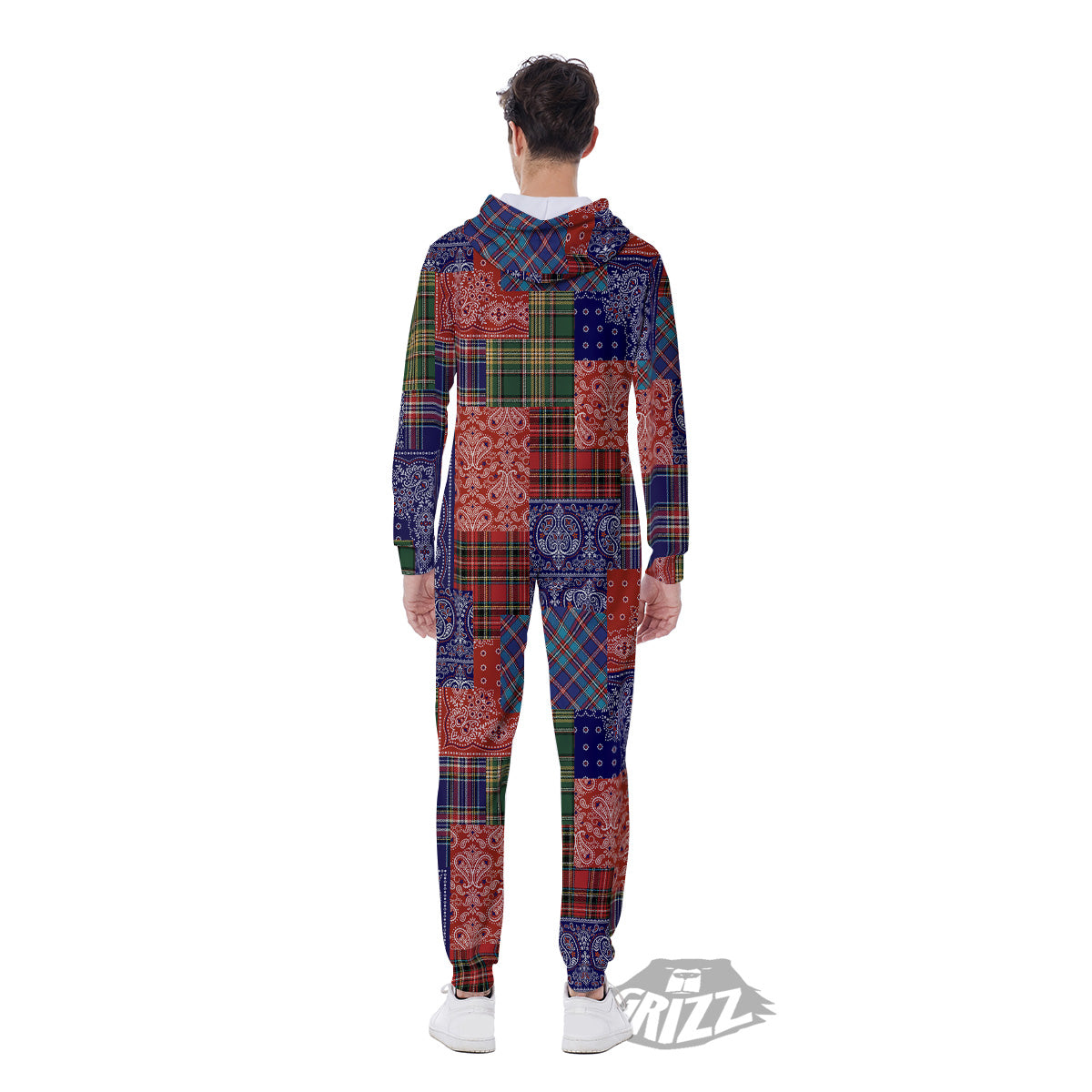Patchwork Tartan And Bandana Print Pattern Men's Jumpsuit-grizzshop