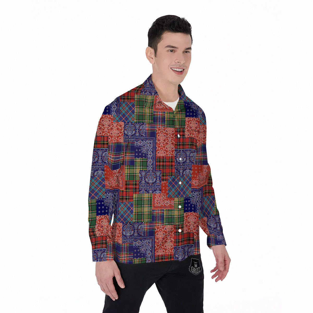 Patchwork Tartan And Bandana Print Pattern Men's Long Sleeve Shirts-grizzshop