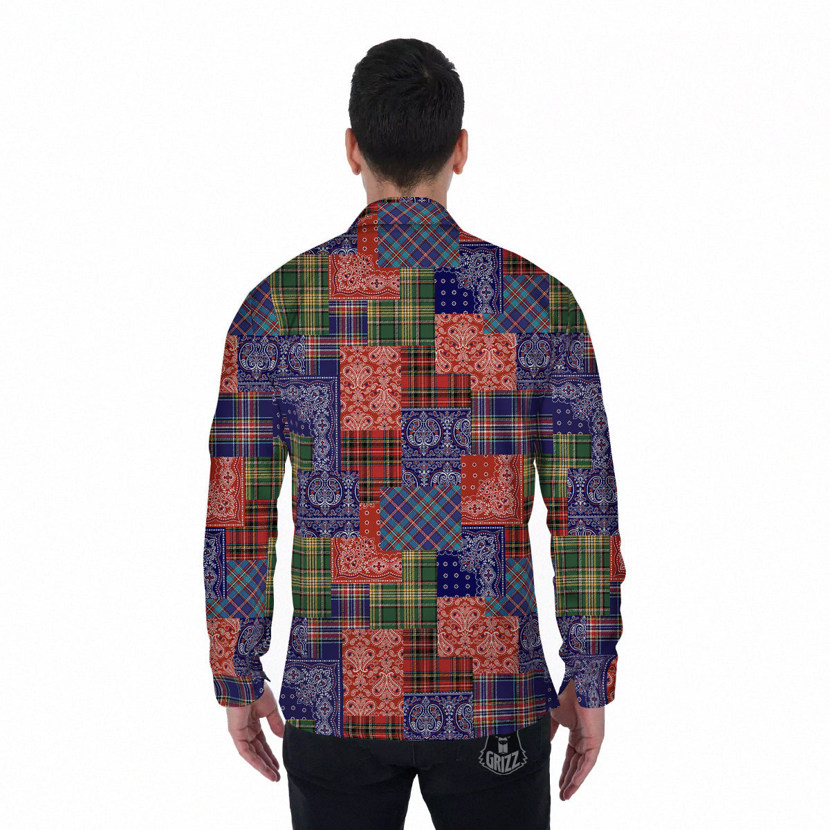 Patchwork Tartan And Bandana Print Pattern Men's Long Sleeve Shirts-grizzshop