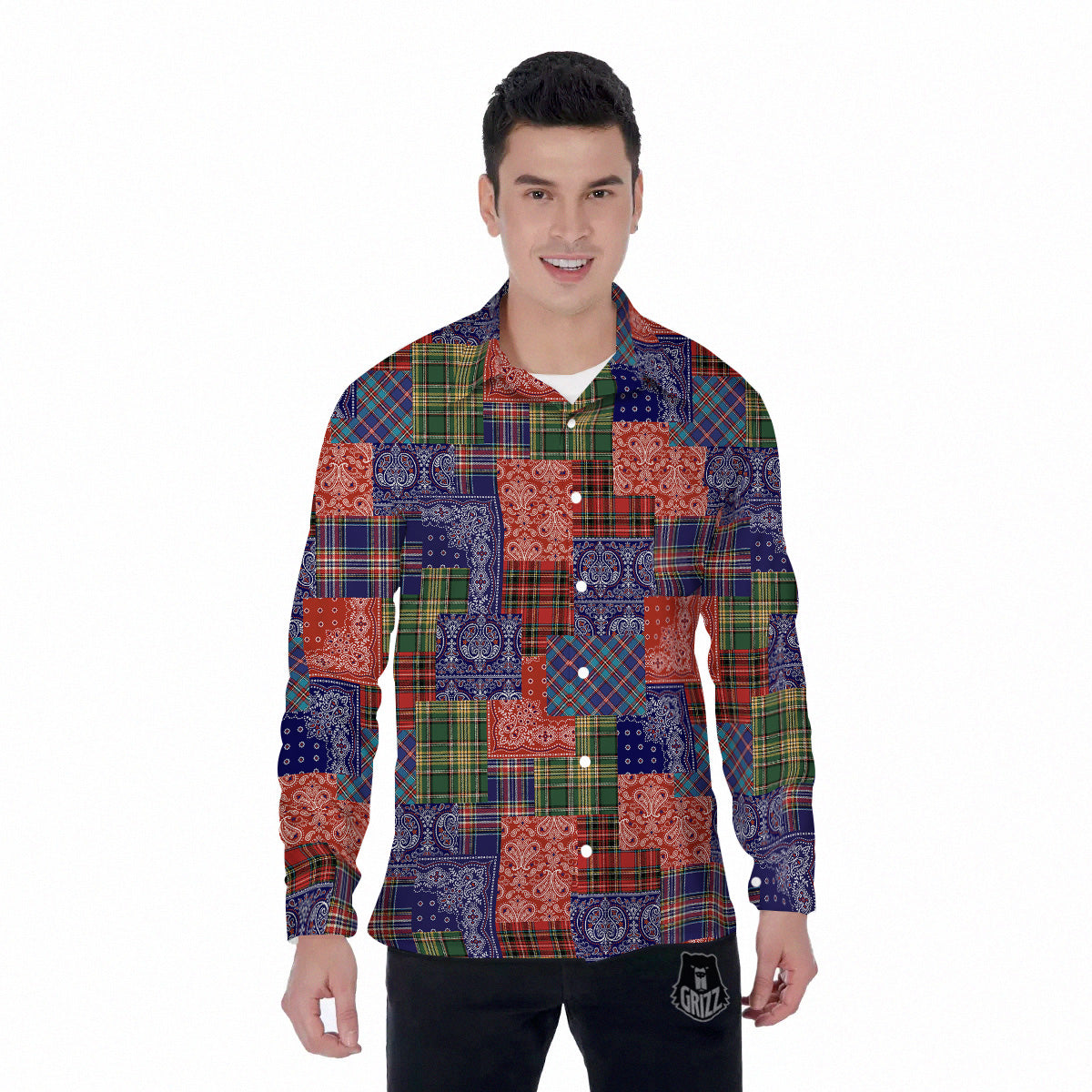 Patchwork Tartan And Bandana Print Pattern Men's Long Sleeve Shirts-grizzshop