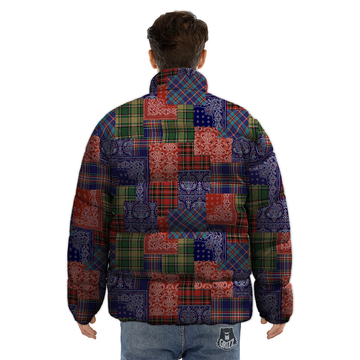Patchwork Tartan And Bandana Print Pattern Puffer Jacket-grizzshop