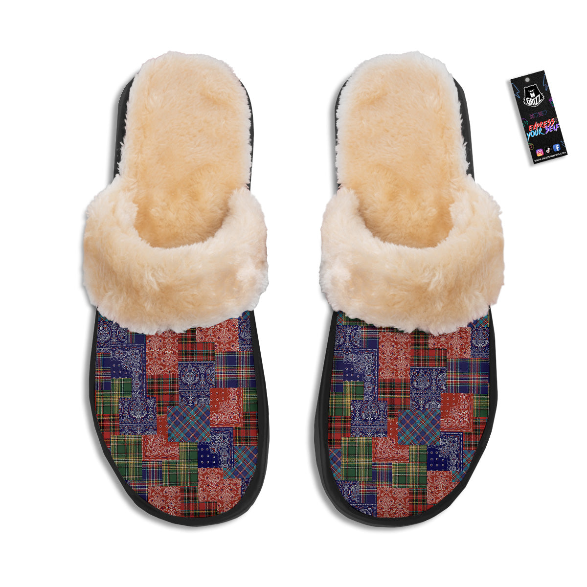 Patchwork Tartan And Bandana Print Pattern Slippers-grizzshop