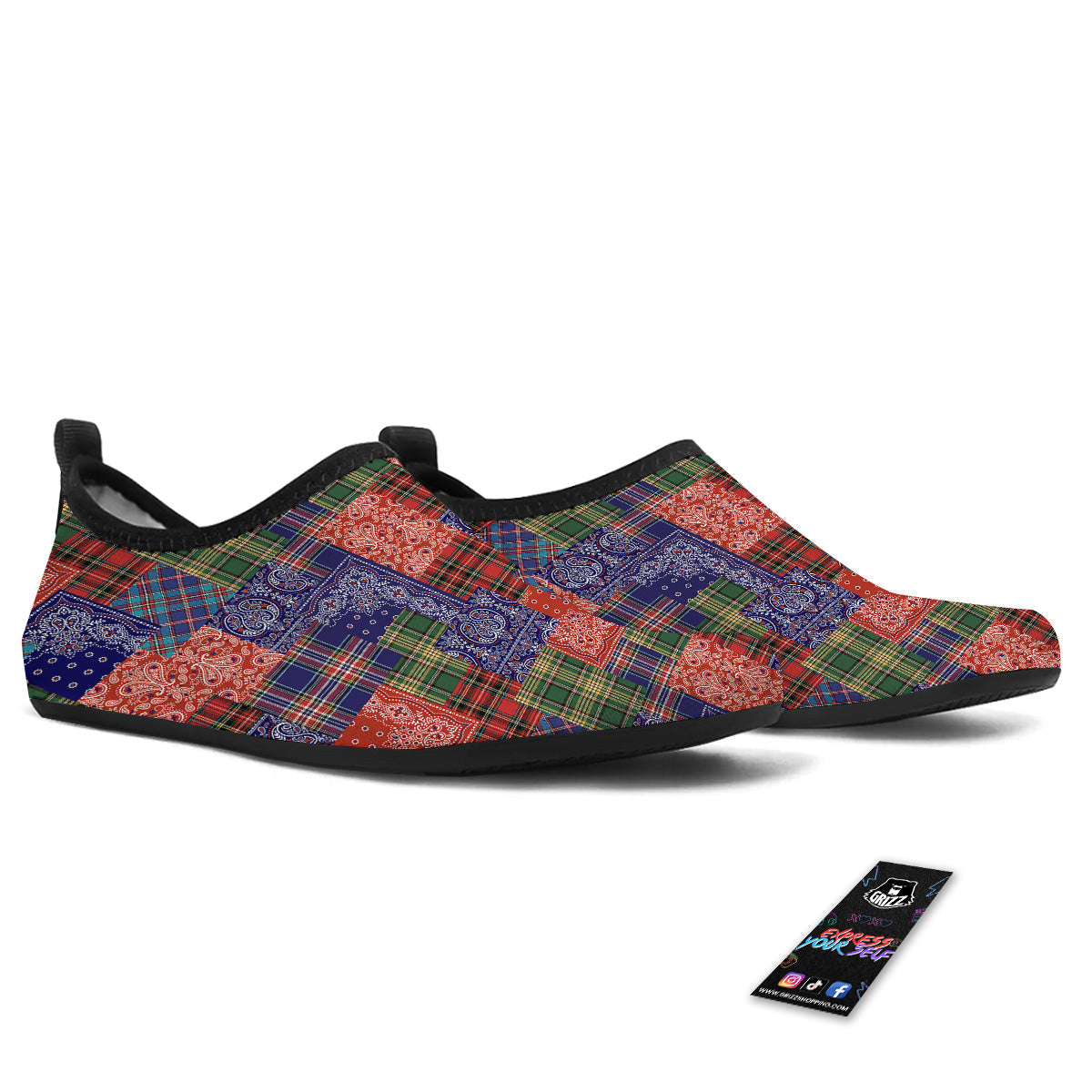 Patchwork Tartan And Bandana Print Pattern Water Shoes-grizzshop