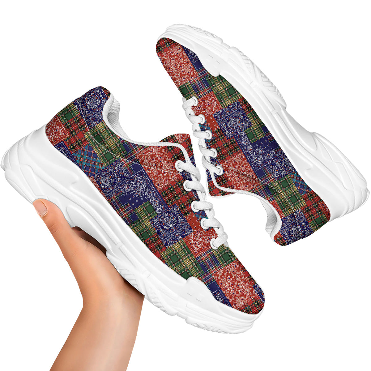 Patchwork Tartan And Bandana Print Pattern White Chunky Shoes-grizzshop