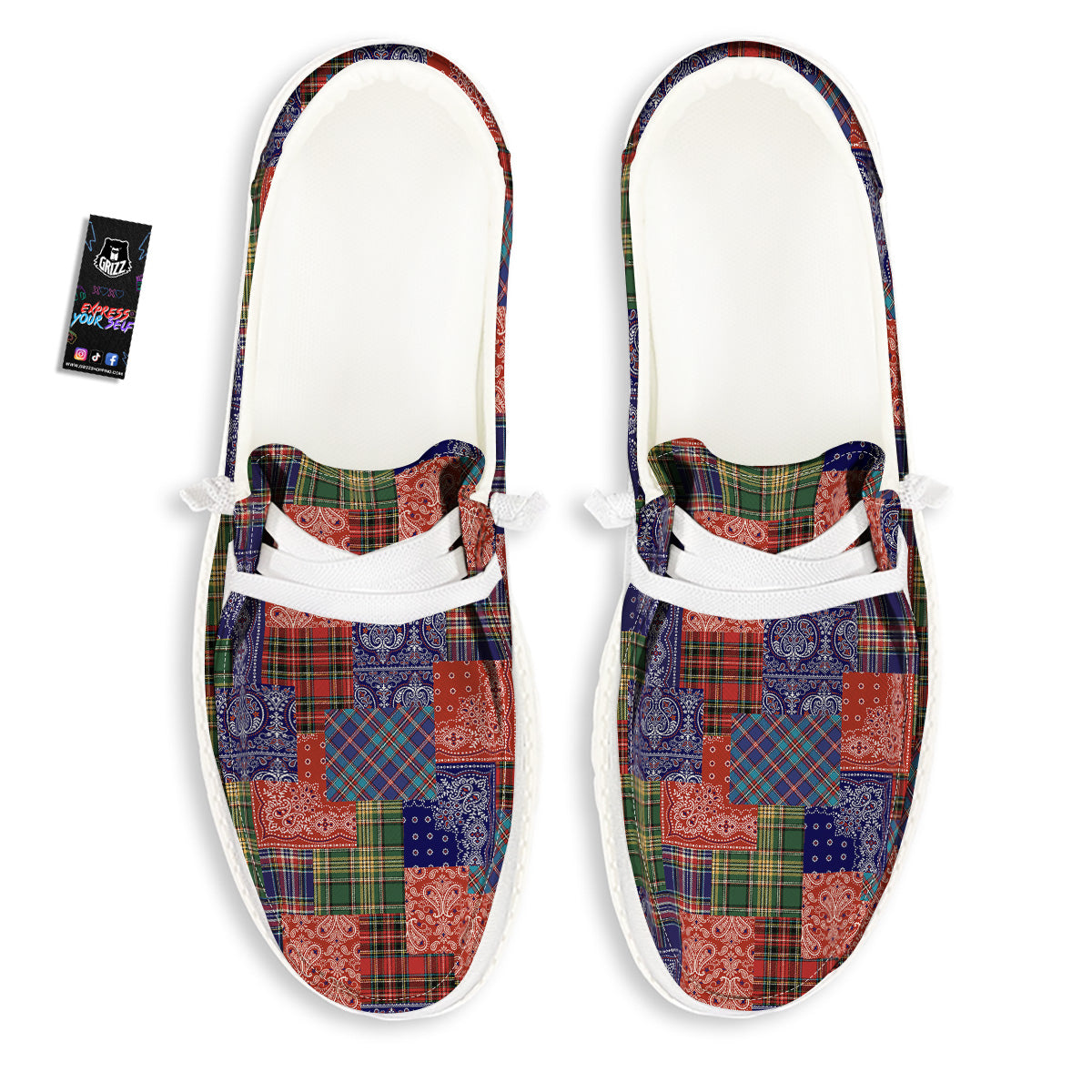 Patchwork Tartan And Bandana Print Pattern White Loafers-grizzshop