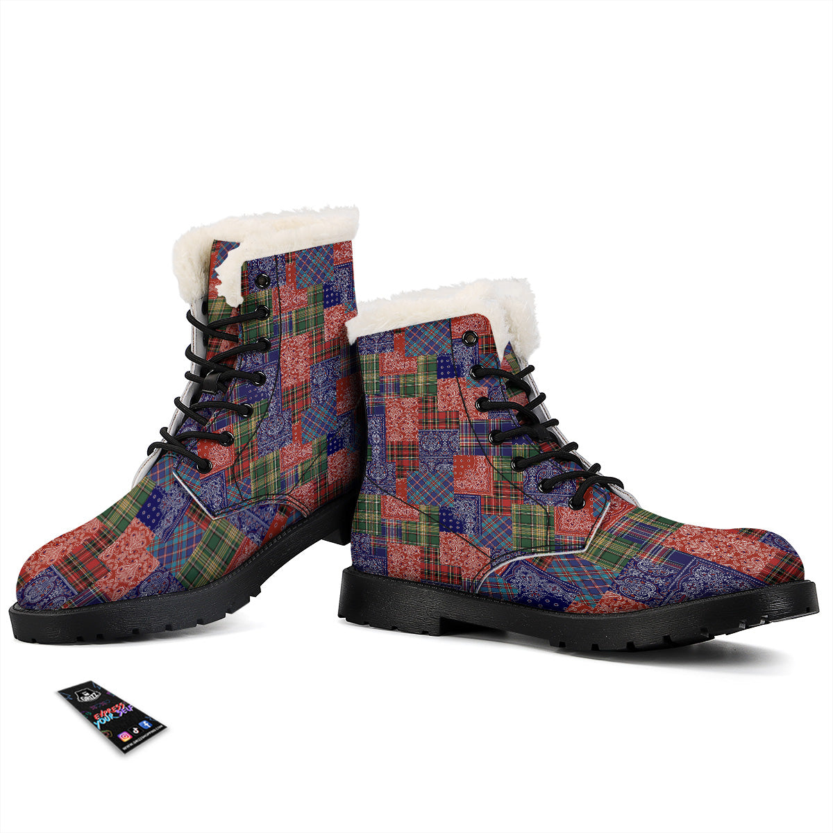Patchwork Tartan And Bandana Print Pattern Winter Boots-grizzshop