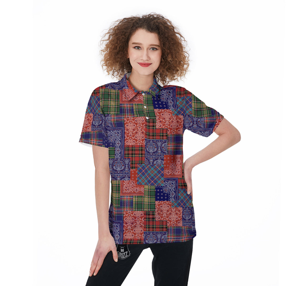Patchwork Tartan And Bandana Print Pattern Women's Golf Shirts-grizzshop