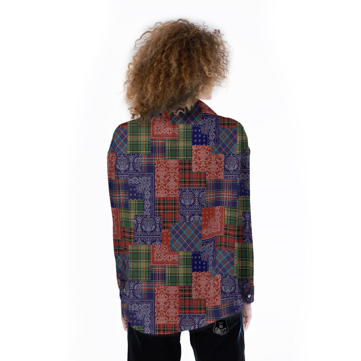Patchwork Tartan And Bandana Print Pattern Women's Long Sleeve Shirts-grizzshop