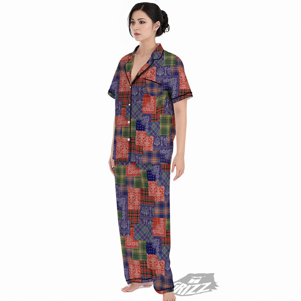 Patchwork Tartan And Bandana Print Pattern Women's Pajamas Set-grizzshop
