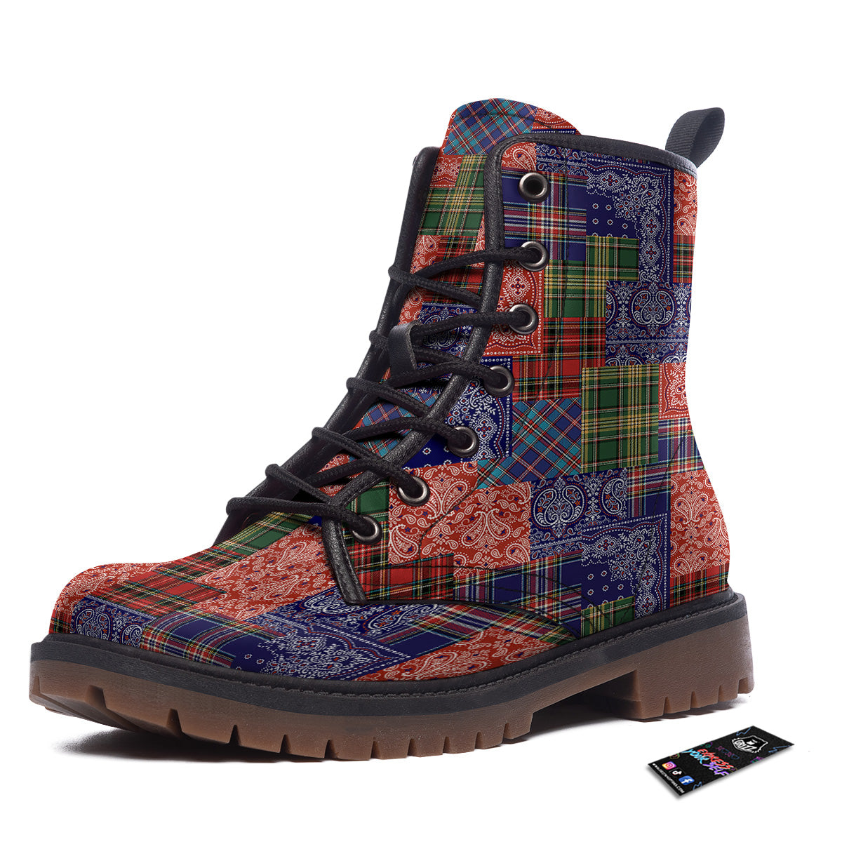 Patchwork Tartan And Bandana Print Pattern Work Boots-grizzshop