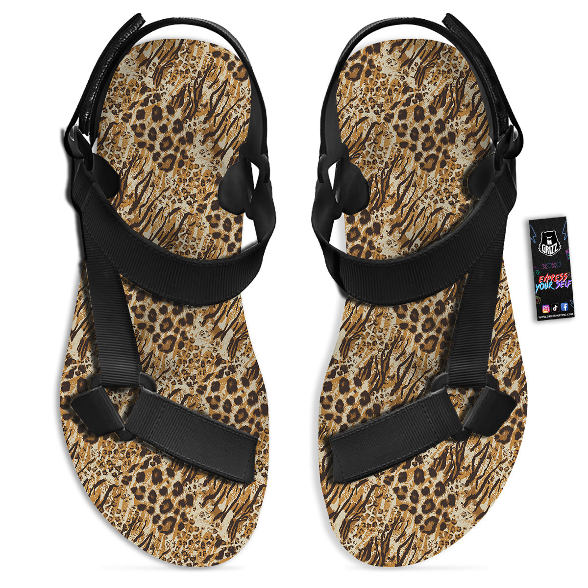Patchwork Tiger Skin Print Pattern Black Open Toe Sandals-grizzshop