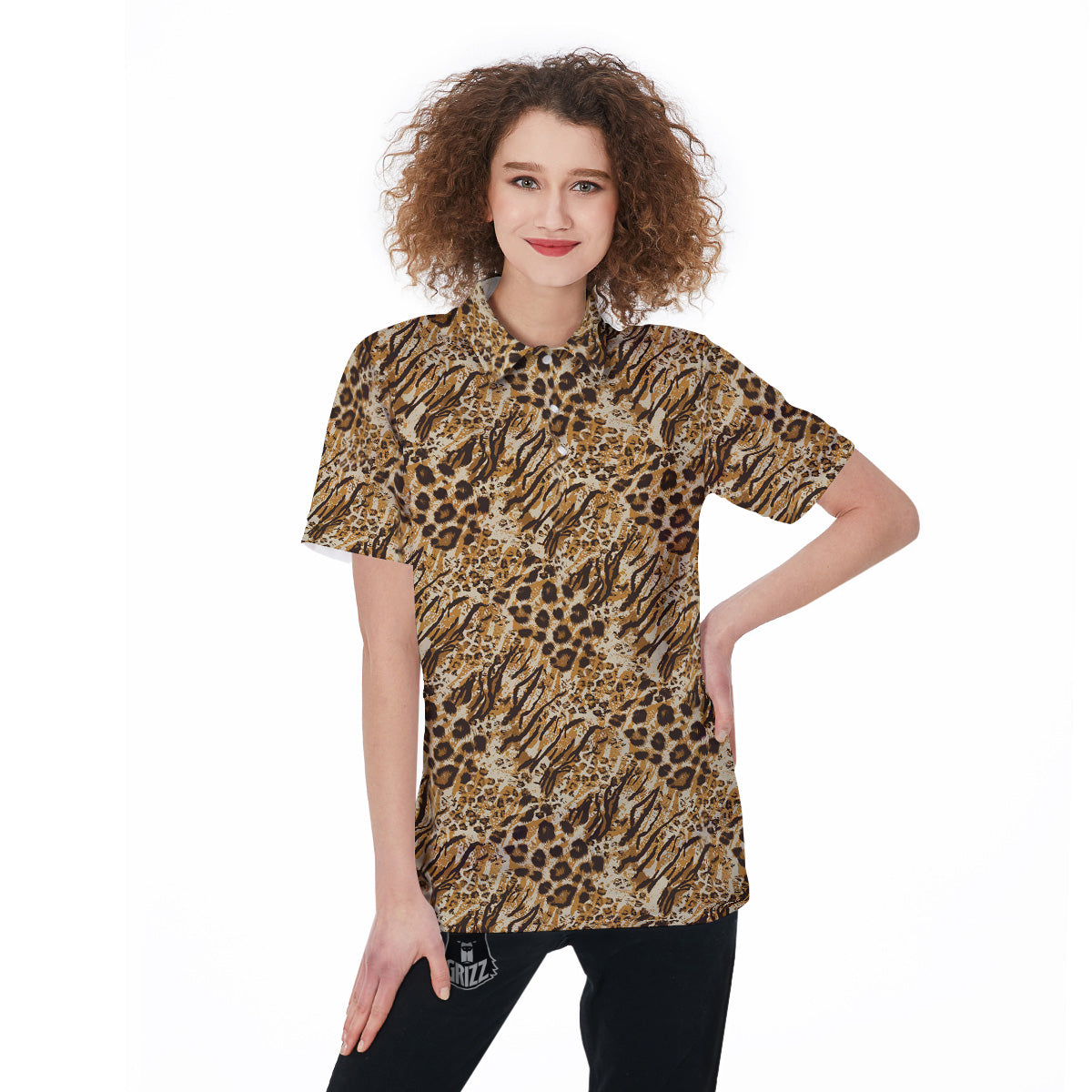 Patchwork Tiger Skin Print Pattern Women's Golf Shirts-grizzshop
