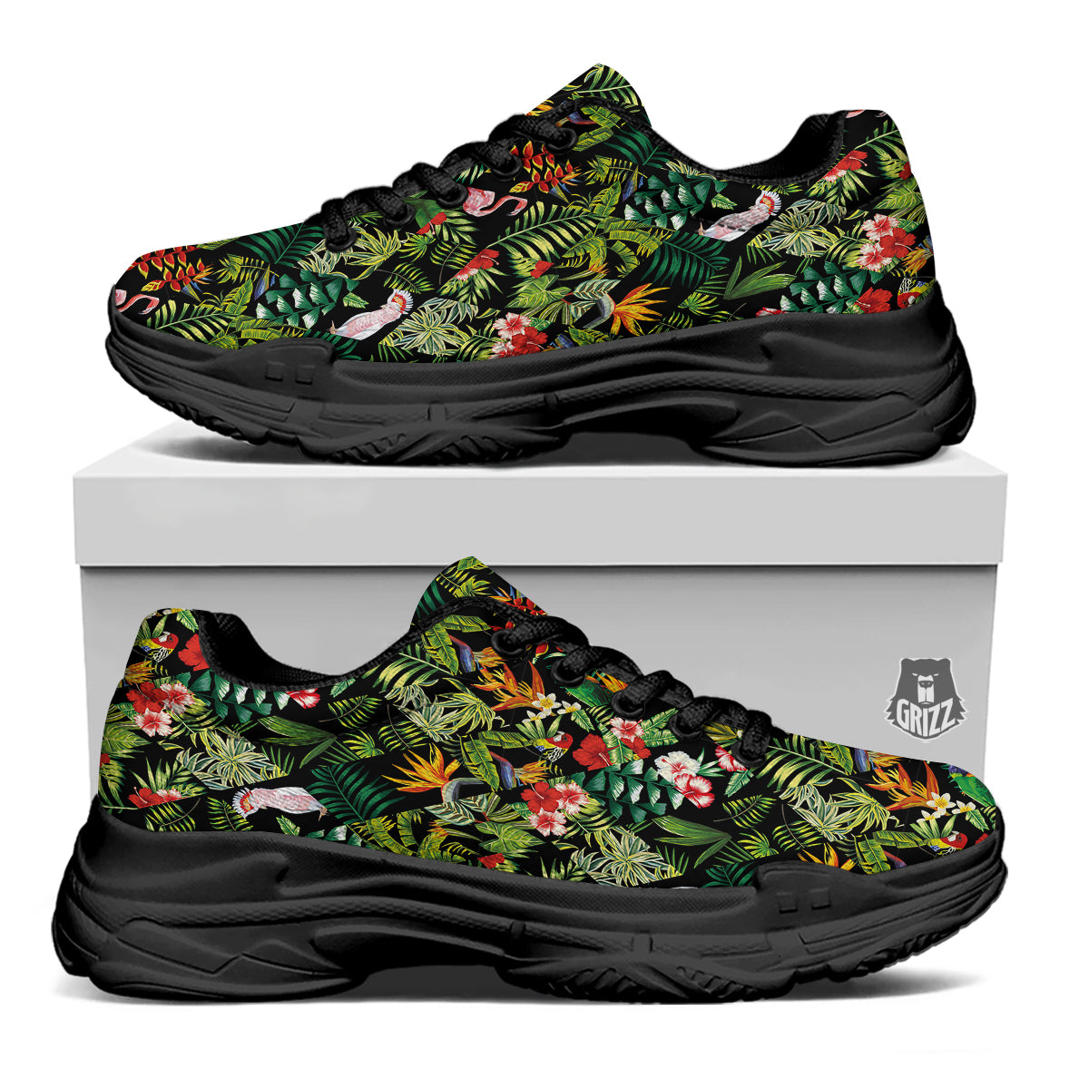 Patchwork Tropical Print Pattern Black Chunky Shoes-grizzshop
