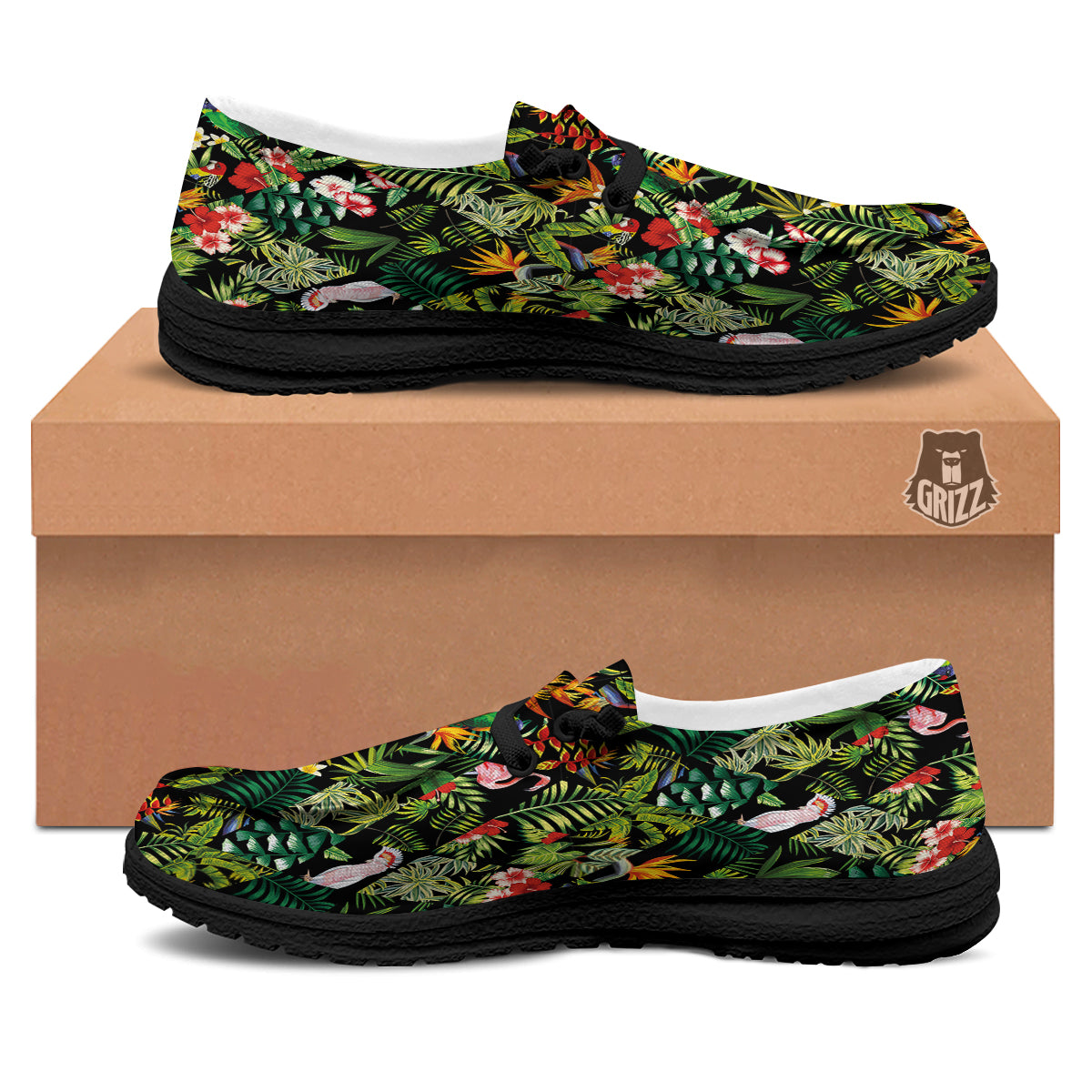 Patchwork Tropical Print Pattern Black Loafers-grizzshop