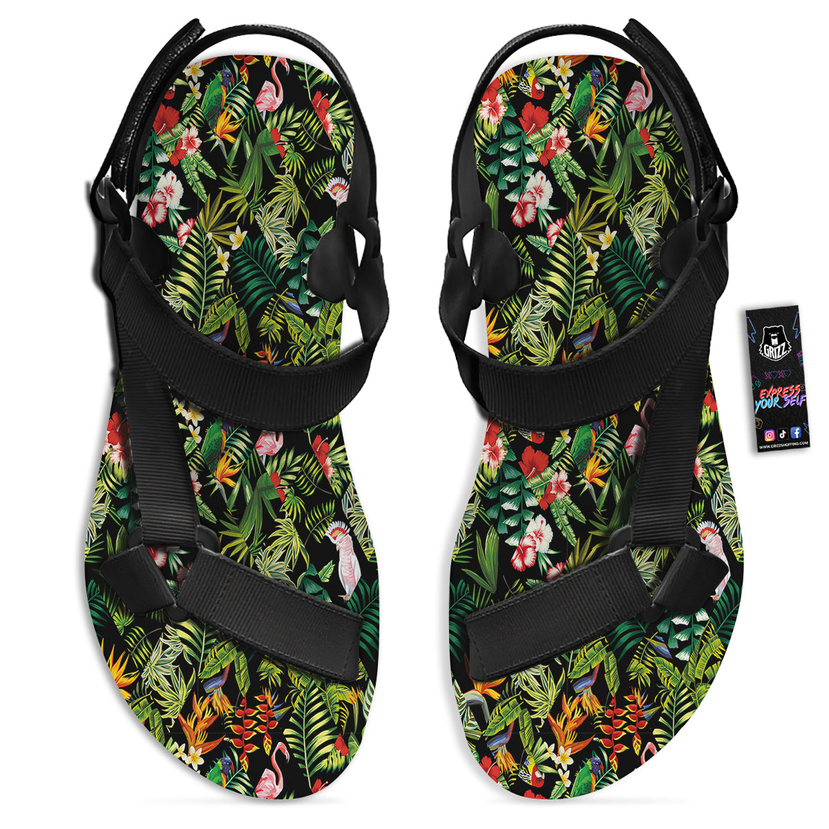 Patchwork Tropical Print Pattern Black Open Toe Sandals-grizzshop