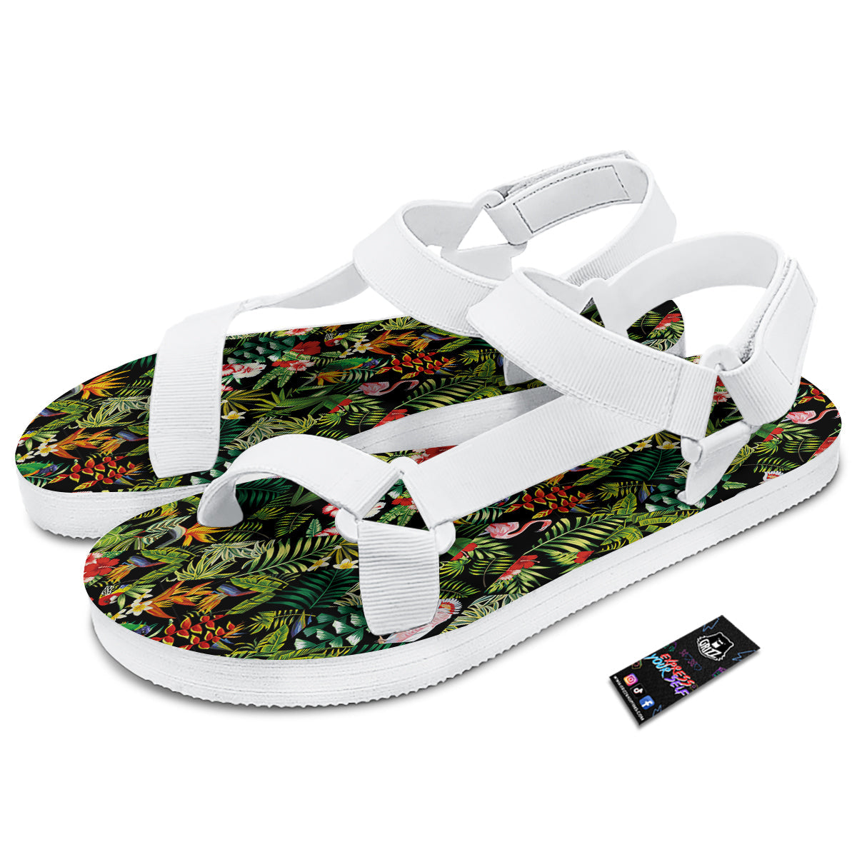Patchwork Tropical Print Pattern White Open Toe Sandals-grizzshop
