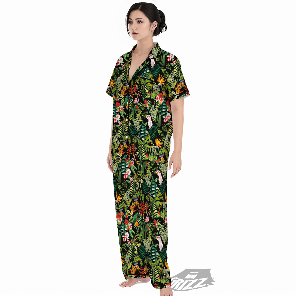 Patchwork Tropical Print Pattern Women's Pajamas Set-grizzshop