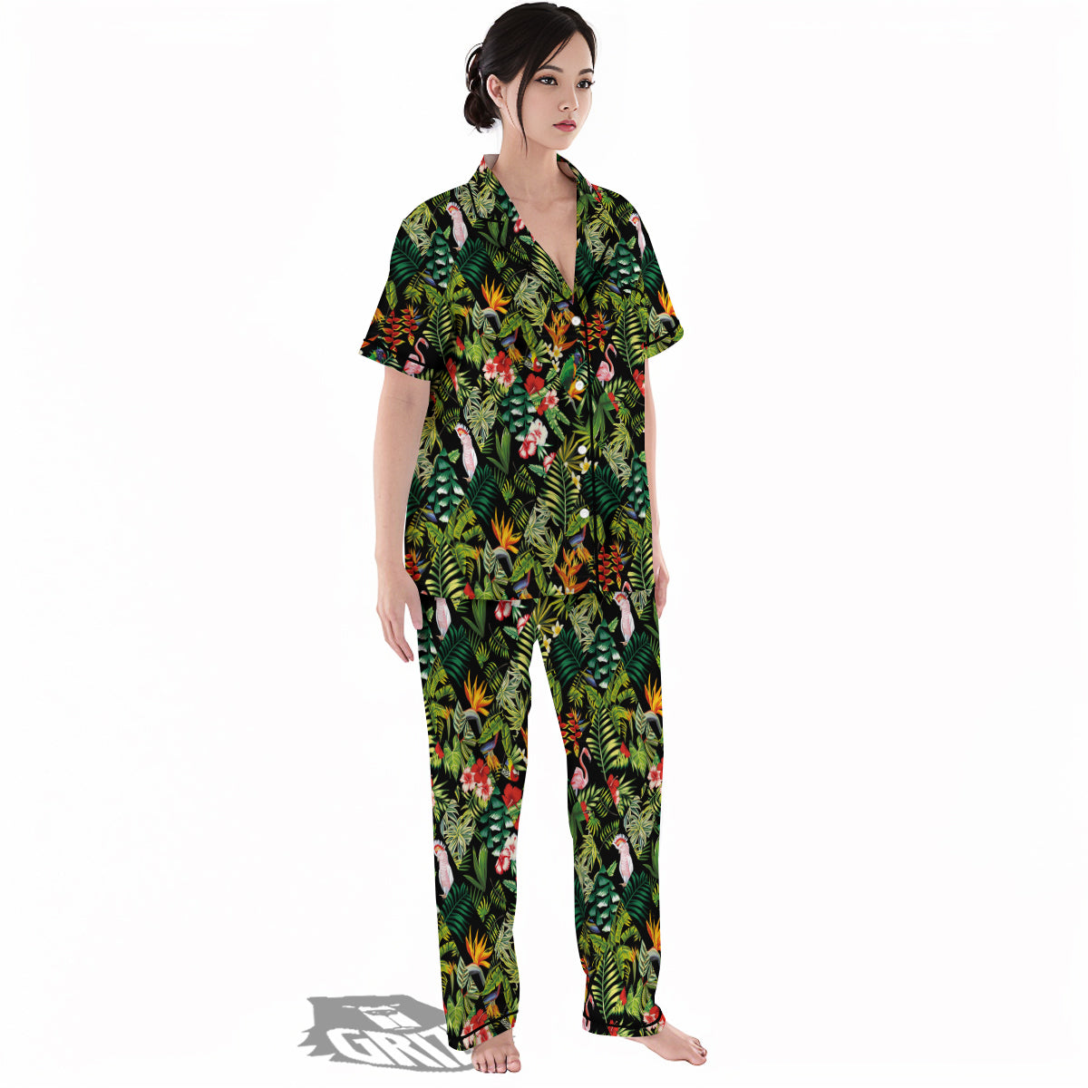 Patchwork Tropical Print Pattern Women's Pajamas Set-grizzshop