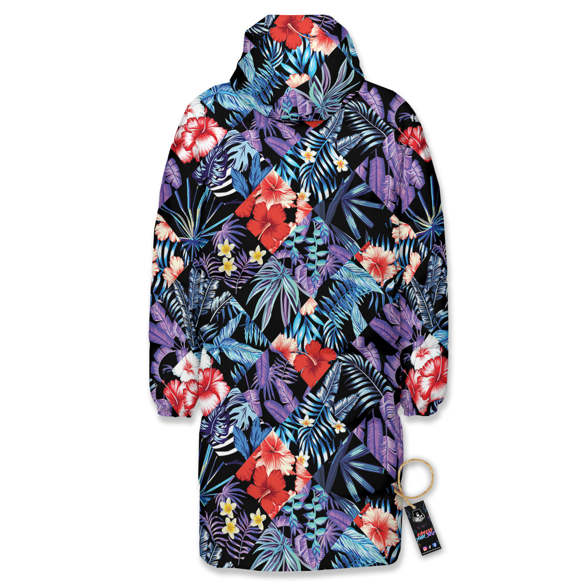 Patchwork Tropical Watercolor Print Pattern Long Down Jacket-grizzshop