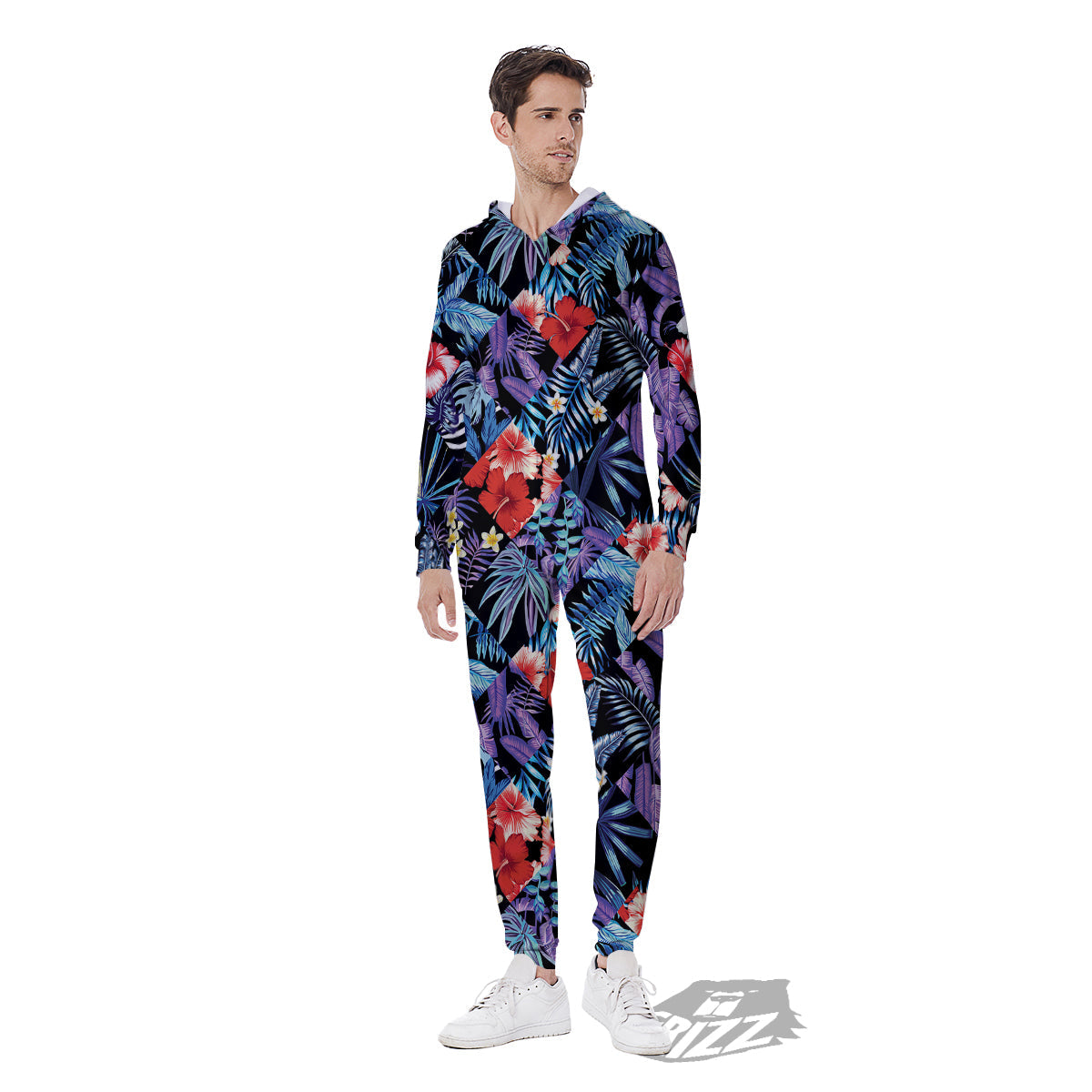 Patchwork Tropical Watercolor Print Pattern Men's Jumpsuit-grizzshop